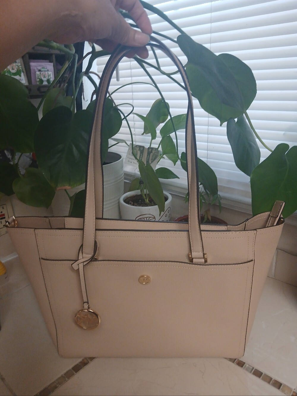 Michael Kors Beige Leather Tote with Signature Charm